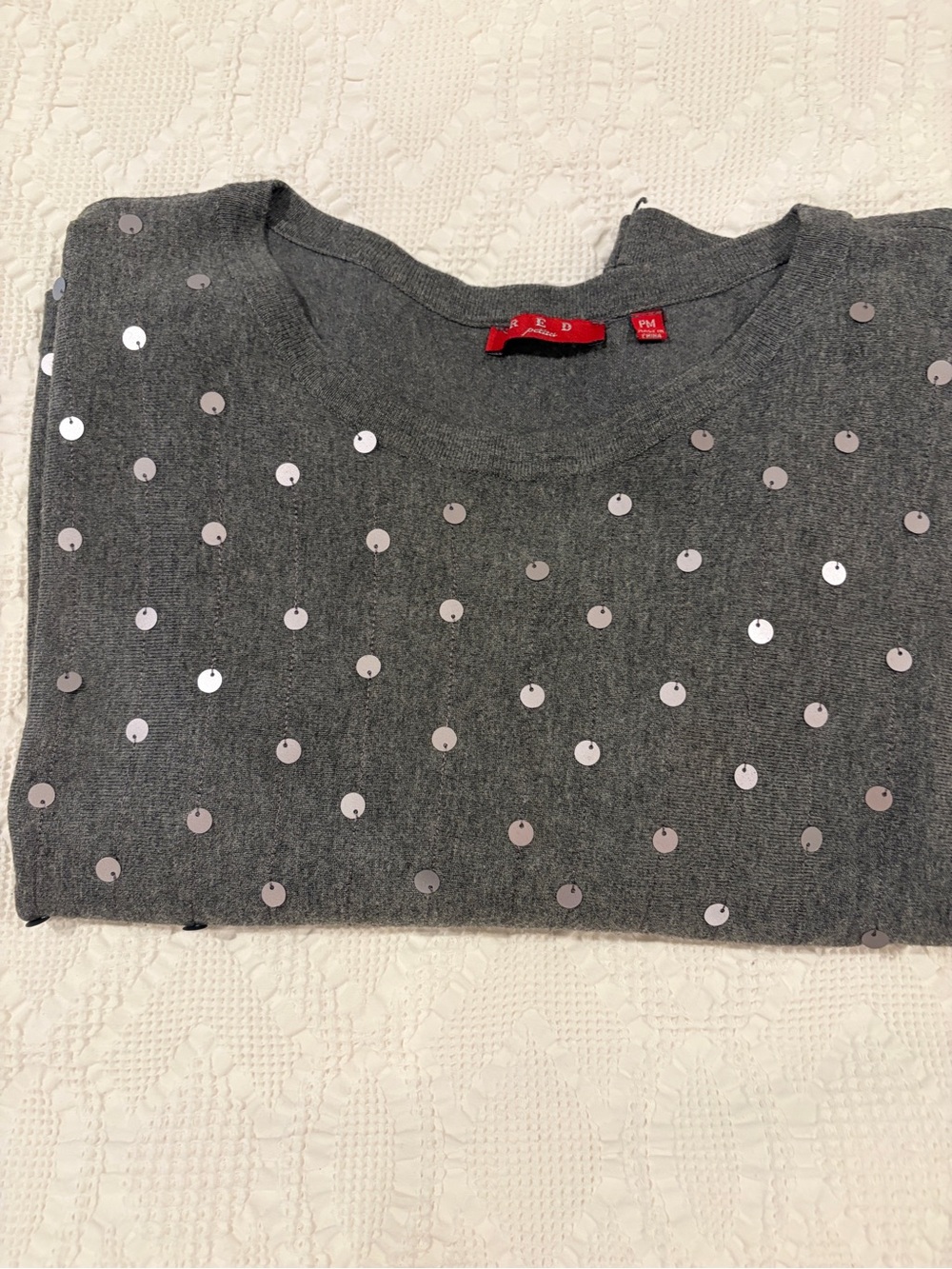 RED Gray Crewneck Sweater with Silver Sequins
